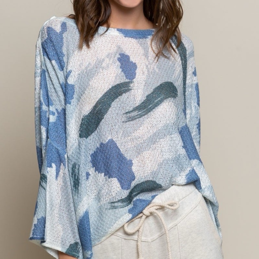 POL Abstract Blue Lightweight Sweater | Boho Oversized Knit Top | Size S